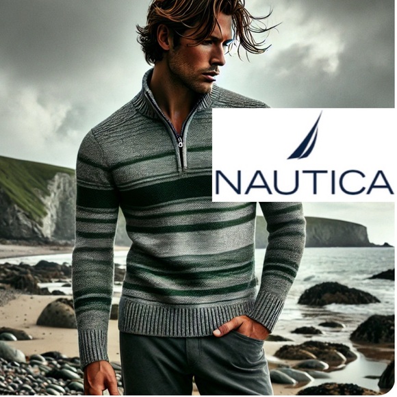 Nautica Quarter Zip Sweater Luxury Knit Colorblock Rugby Stripe Green Gray Sz XL
